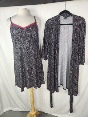 Rene Rofe Nightgown Chemise & Robe Set 1X Black Pink Ditsy Confetti Coquette